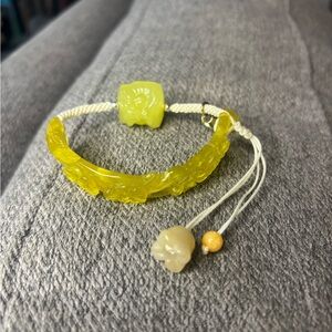 Yellow Jade Carved Lotus and Lion Bracelet with Adjustable Cord